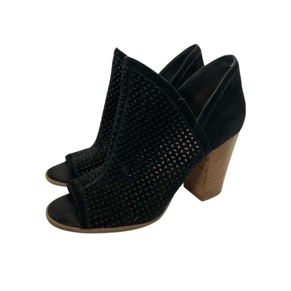 Lucky Brand Cut Out Suede Leather Ankle Booties Women 10M Black Pull On Peep Toe